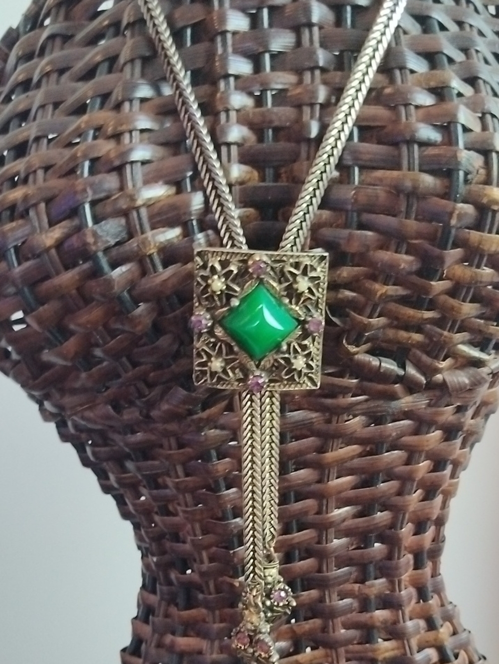Gold-Tone Necklace with Green Center Stone and Pink Accents